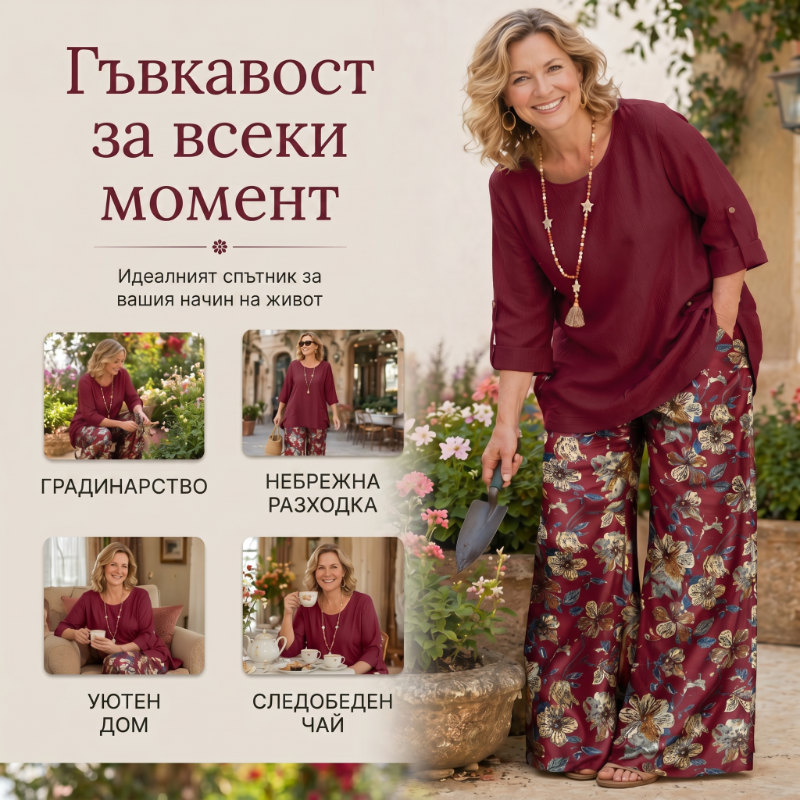 🌼🔥49 % popust! Ženski boemski komplet iz bombaža in lana, tričetrtinski rokavi in široke hlače-SI