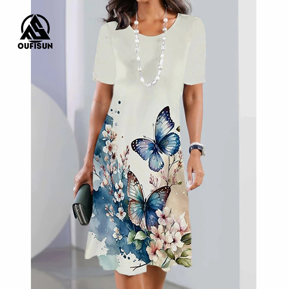 Vestido largo de manga corta con estampado floral y mariposas-ES