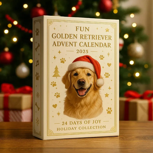 Linksmas Advento kalendorius su auksaspalviu retriveriu 2025 metams-LT