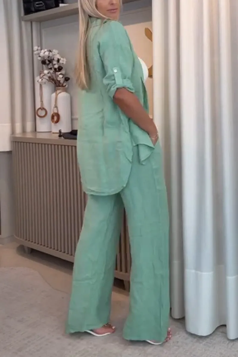 Traje casual de mujer de algodón y lino, de botonadura sencilla, con solapas, dos piezas-ES