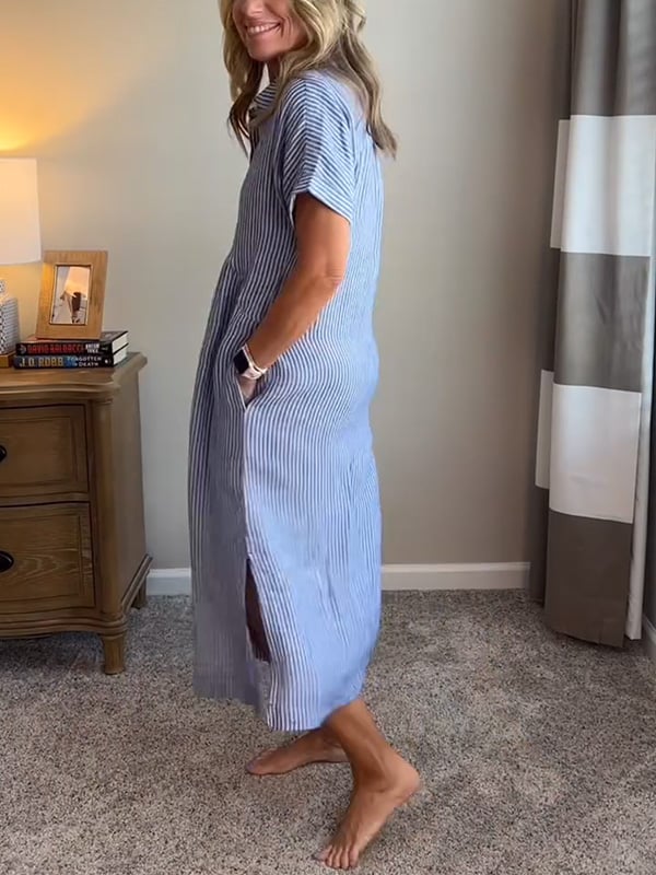 Vestido camisero de rayas con solapas y botones | Con bolsillos funcionales-ES