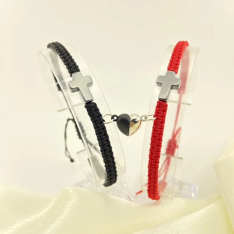 💕"Dos Corazones, Una Fe": una inspiradora pulsera cristiana con una cruz y una tarjeta con la bendición de Jesús.-ES