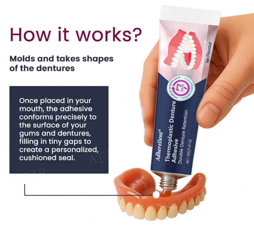 （🔥Compra 1, llévate 1 gratis🔥）Adhesivo termoplástico para dentaduras postizas AdhereDent, fijación permanente para dentaduras postizas-ES