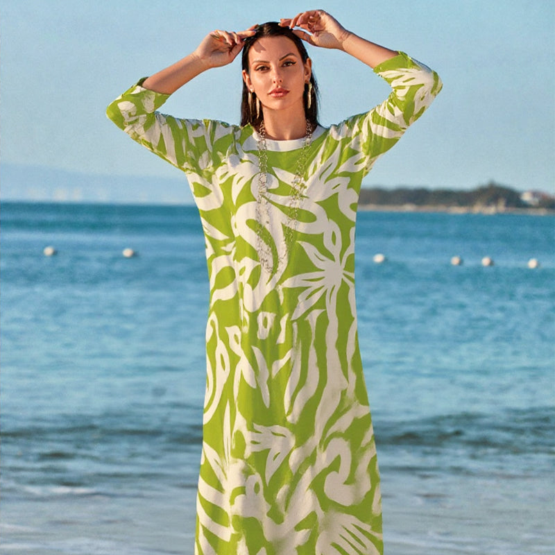 🌼Vestido de mujer elegante, suelto, de cuello redondo y estampado.-ES
