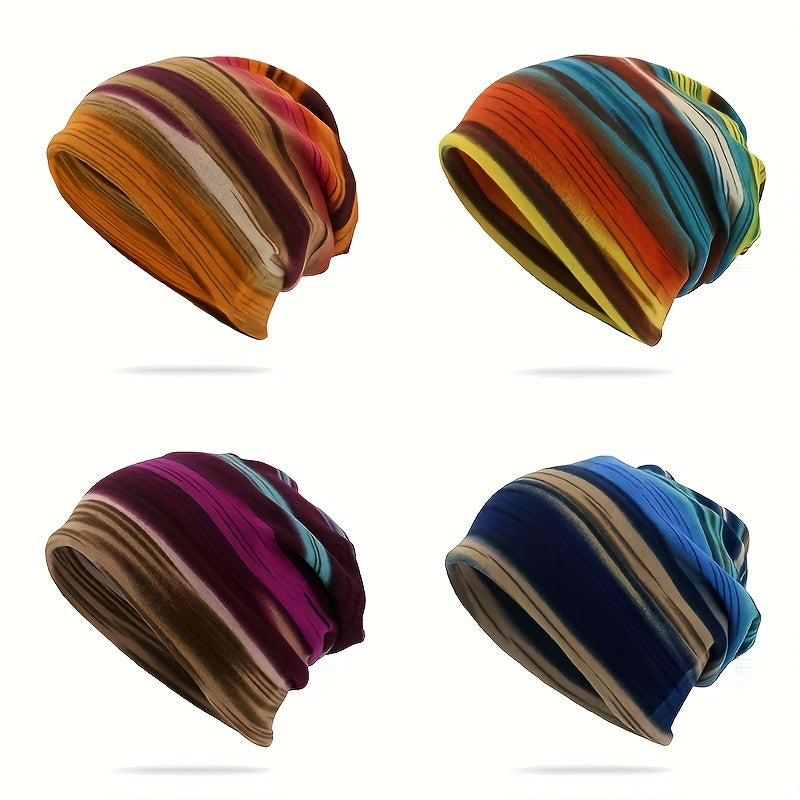 Pandaize Colorful Stripes Retro Thermal Loose Beanie Hat - Vintage pletenina za jesen in zimo-SI