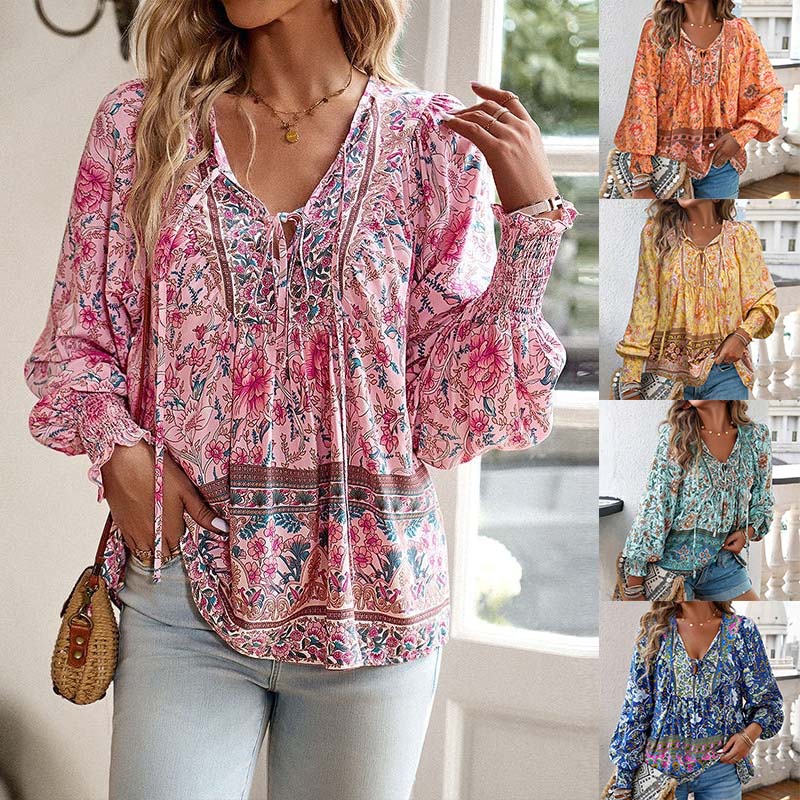 【S-2XL】🌺Camiseta estampada de manga larga con cuello en V para mujer-ES