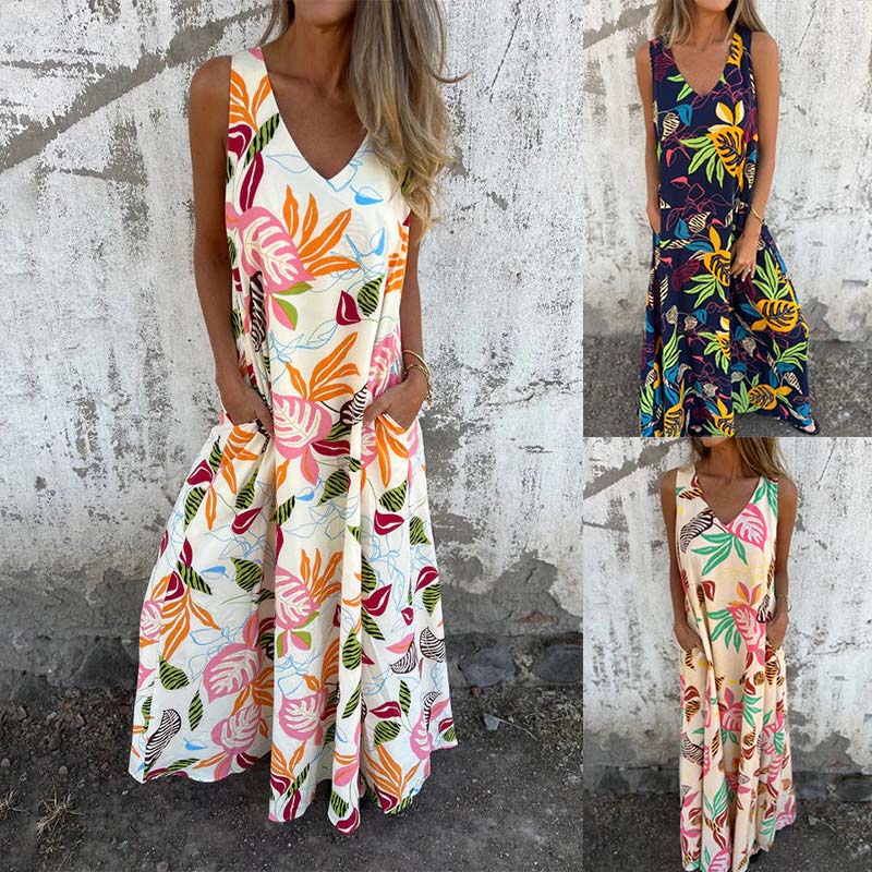 Vestido moderno sin tirantes, escote en V y bolsillos-ES