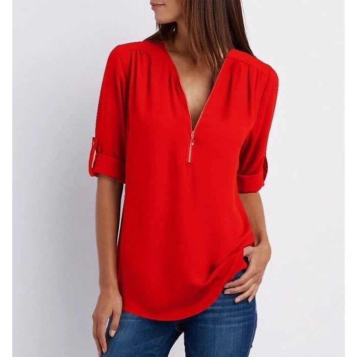 💟Blusa holgada de talla grande con mangas 3/4 y cremallera-ES