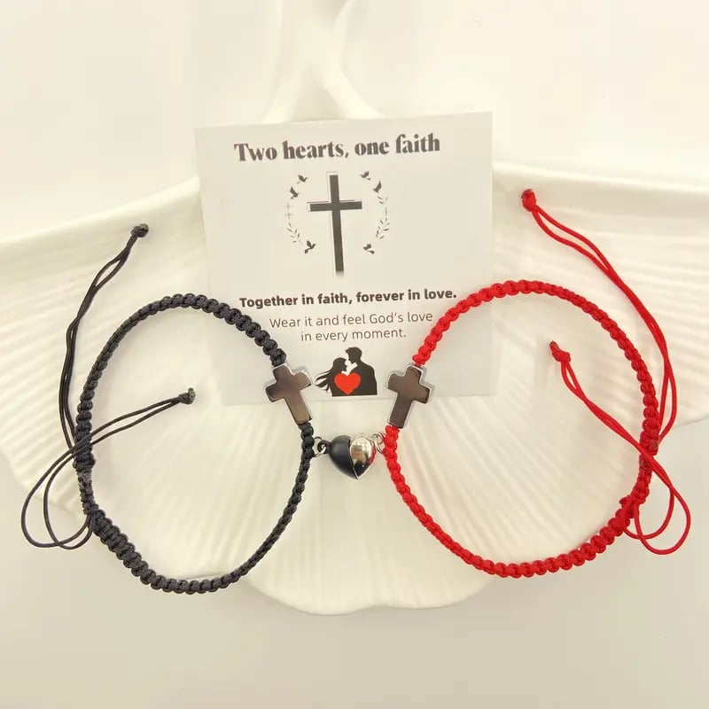 💕"Dos Corazones, Una Fe": una inspiradora pulsera cristiana con una cruz y una tarjeta con la bendición de Jesús.-ES
