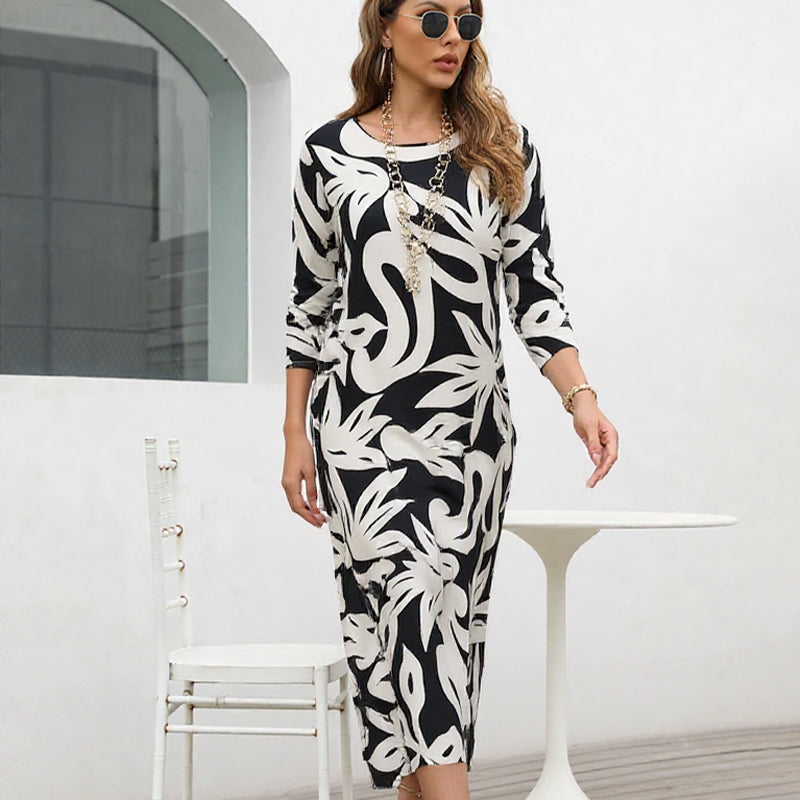 🌼Vestido de mujer elegante, suelto, de cuello redondo y estampado.-ES