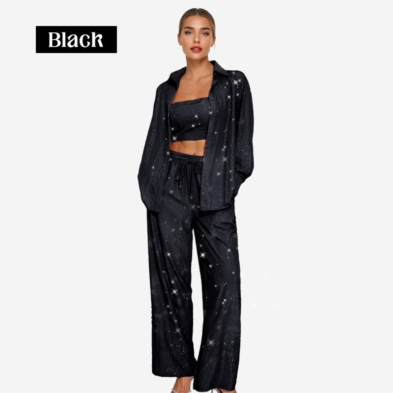 Πανέμορφο blazer, άνετη φόδρα και φαρδύ παντελόνι (σετ 3 τεμαχίων)-GR