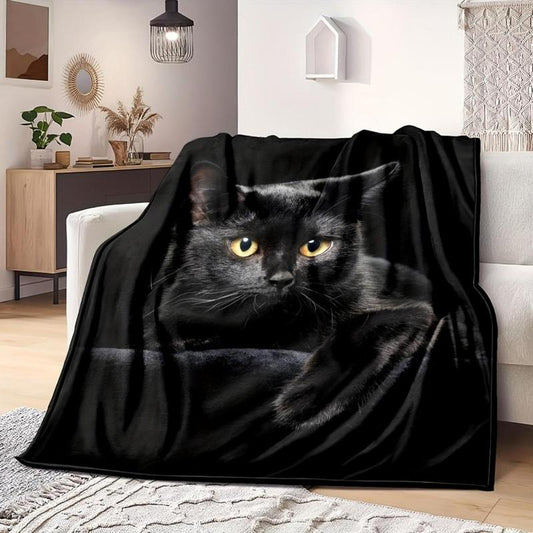Adorable manta de franela con estampado de gato negro.-ES