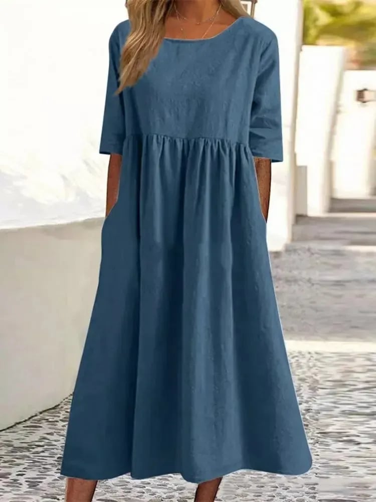 🔥Vestido de algodón con escote redondo y bolsillos-ES