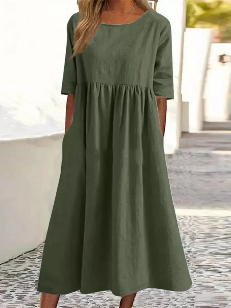 🔥Vestido de algodón con escote redondo y bolsillos-ES