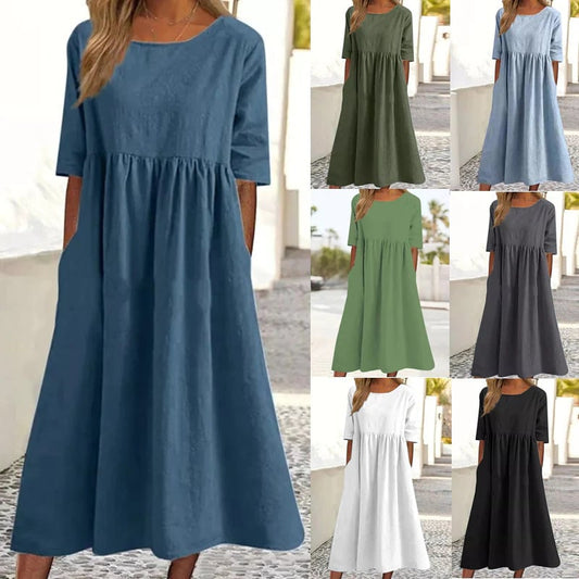 🔥Vestido de algodón con escote redondo y bolsillos-ES