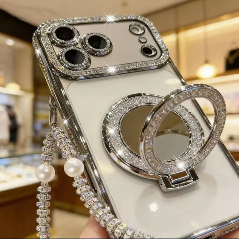 ✨💎Žėrintis deimantinis moteriškas telefono dėklas su veidrodėliu ir stovu, skirtas iPhone 12/13/14/15/16/17 Pro Max, 17Air, 14/15/16 Plus💖-LT