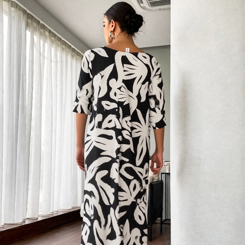 🌼Vestido de mujer elegante, suelto, de cuello redondo y estampado.-ES