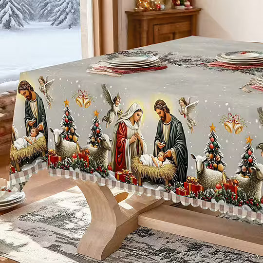 Mantel con escena de la Natividad – Blanco y rojo, estilo tradicional europeo, tela resistente para comidas y decoraciones navideñas.-ES