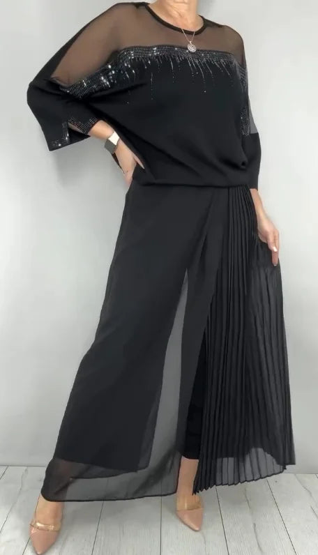 Conjunto: top con paneles de malla y pantalón ancho plisado-ES