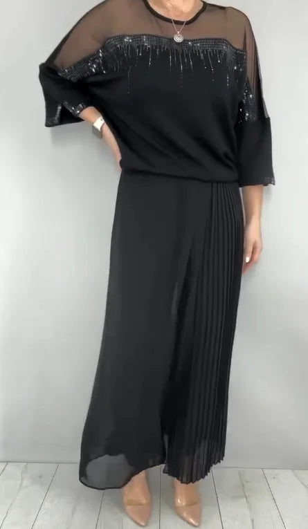 Conjunto: top con paneles de malla y pantalón ancho plisado-ES