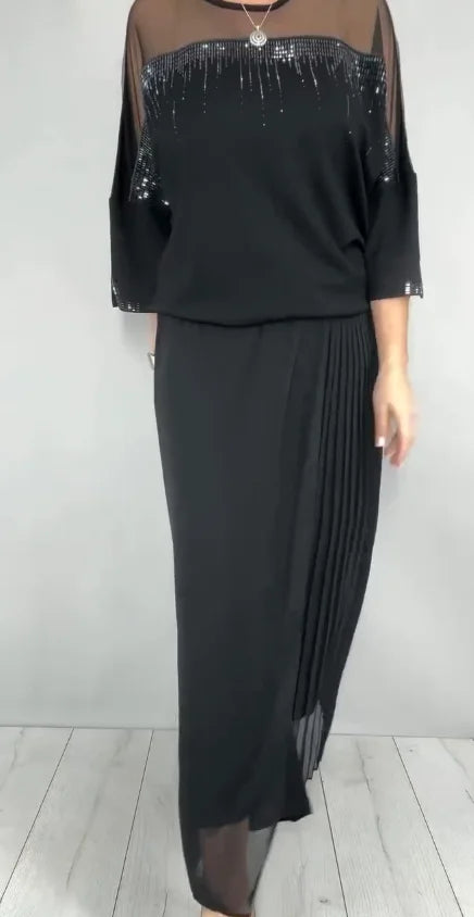 Conjunto: top con paneles de malla y pantalón ancho plisado-ES