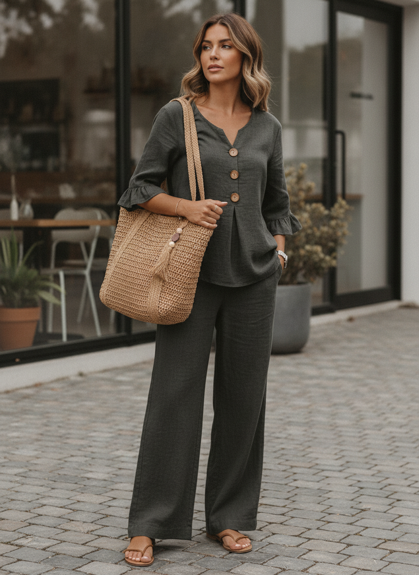🔥S-2XL⌛️Ženski komplet: bluza z napihnjenimi rokavi in široke hlače❤️-SI