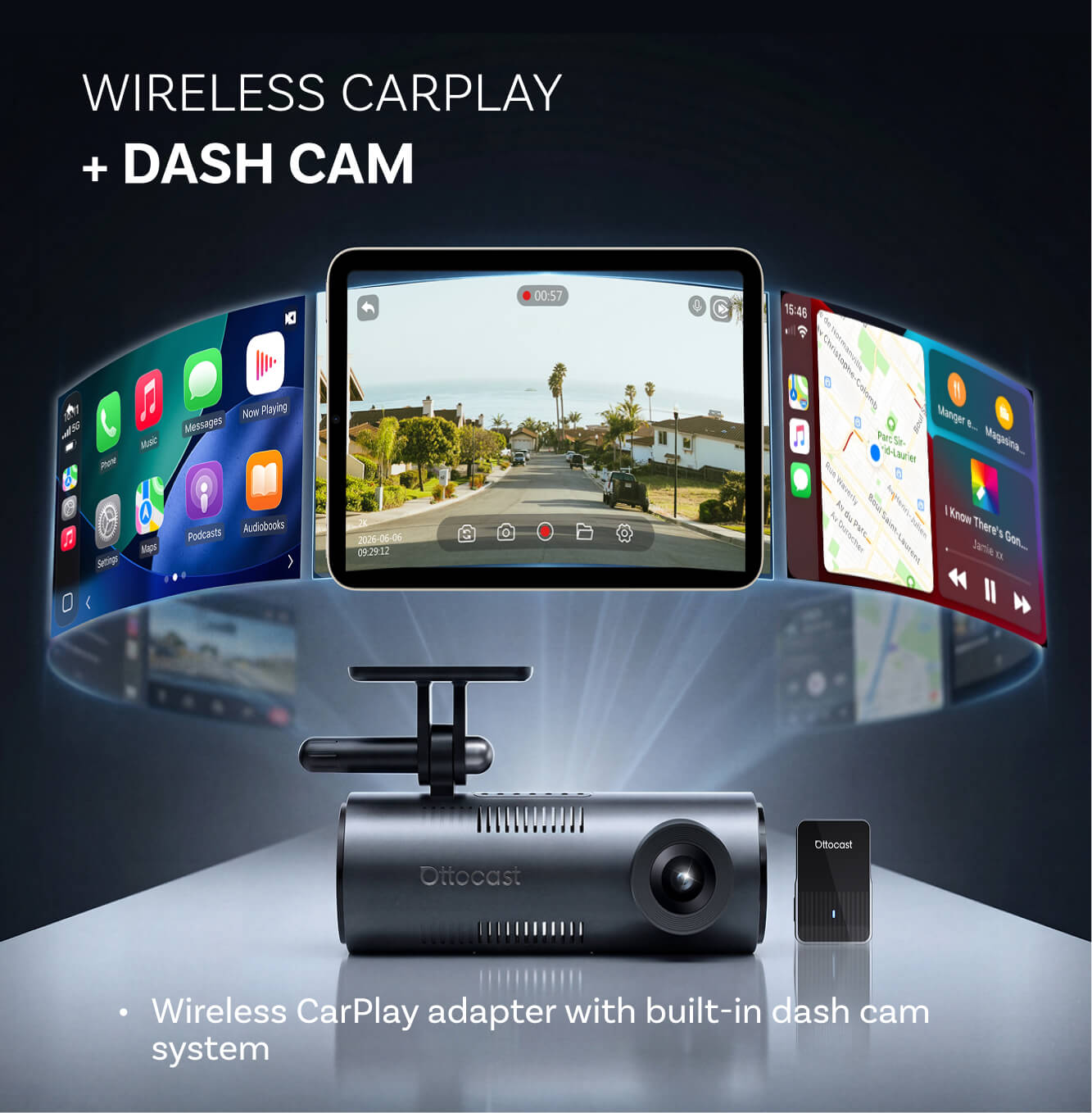 „OttoSafe Cam 3-in-1“ dviguba vaizdo registratorius ir belaidis „CarPlay“ adapteris-LT