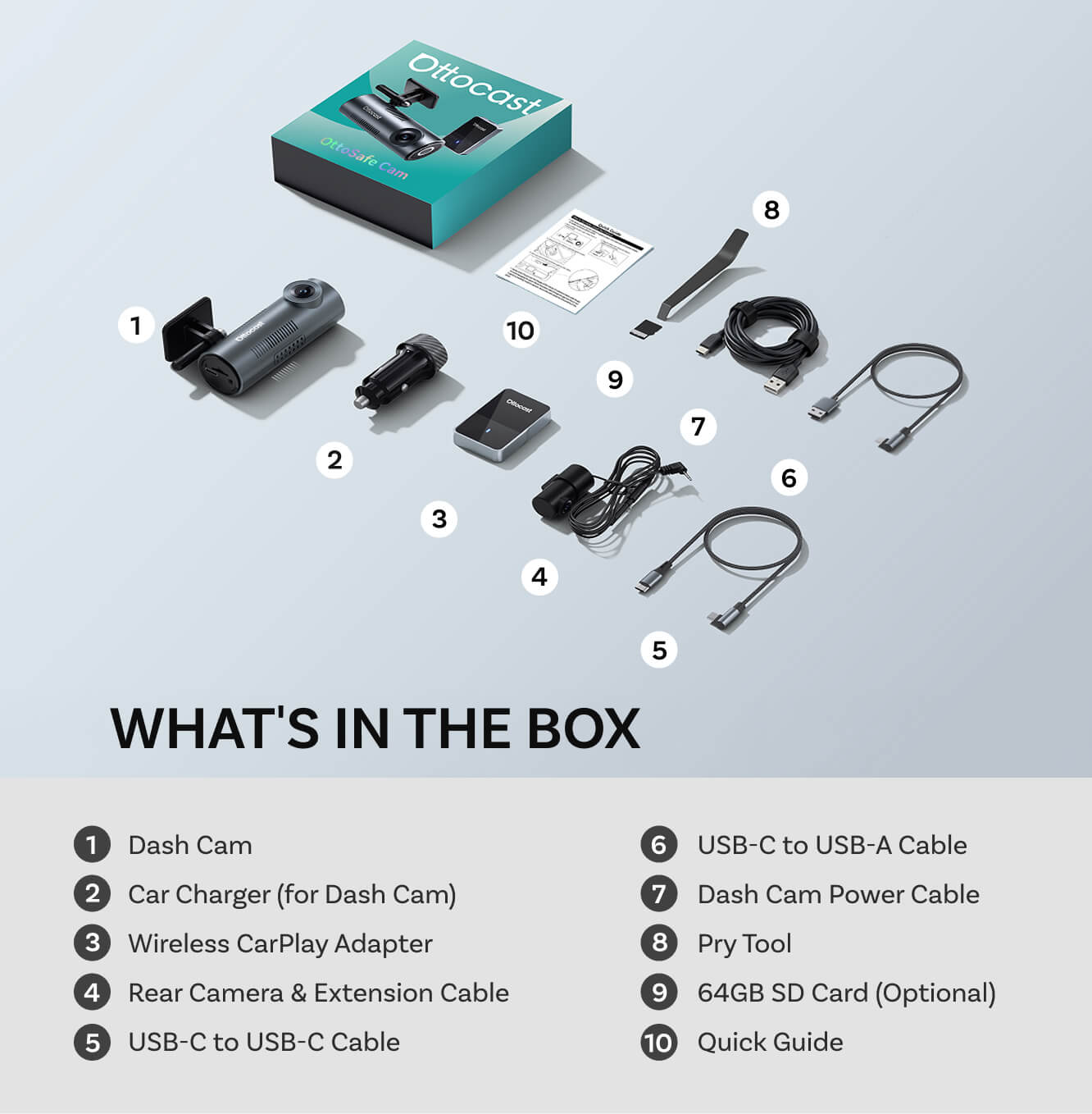 „OttoSafe Cam 3-in-1“ dviguba vaizdo registratorius ir belaidis „CarPlay“ adapteris-LT