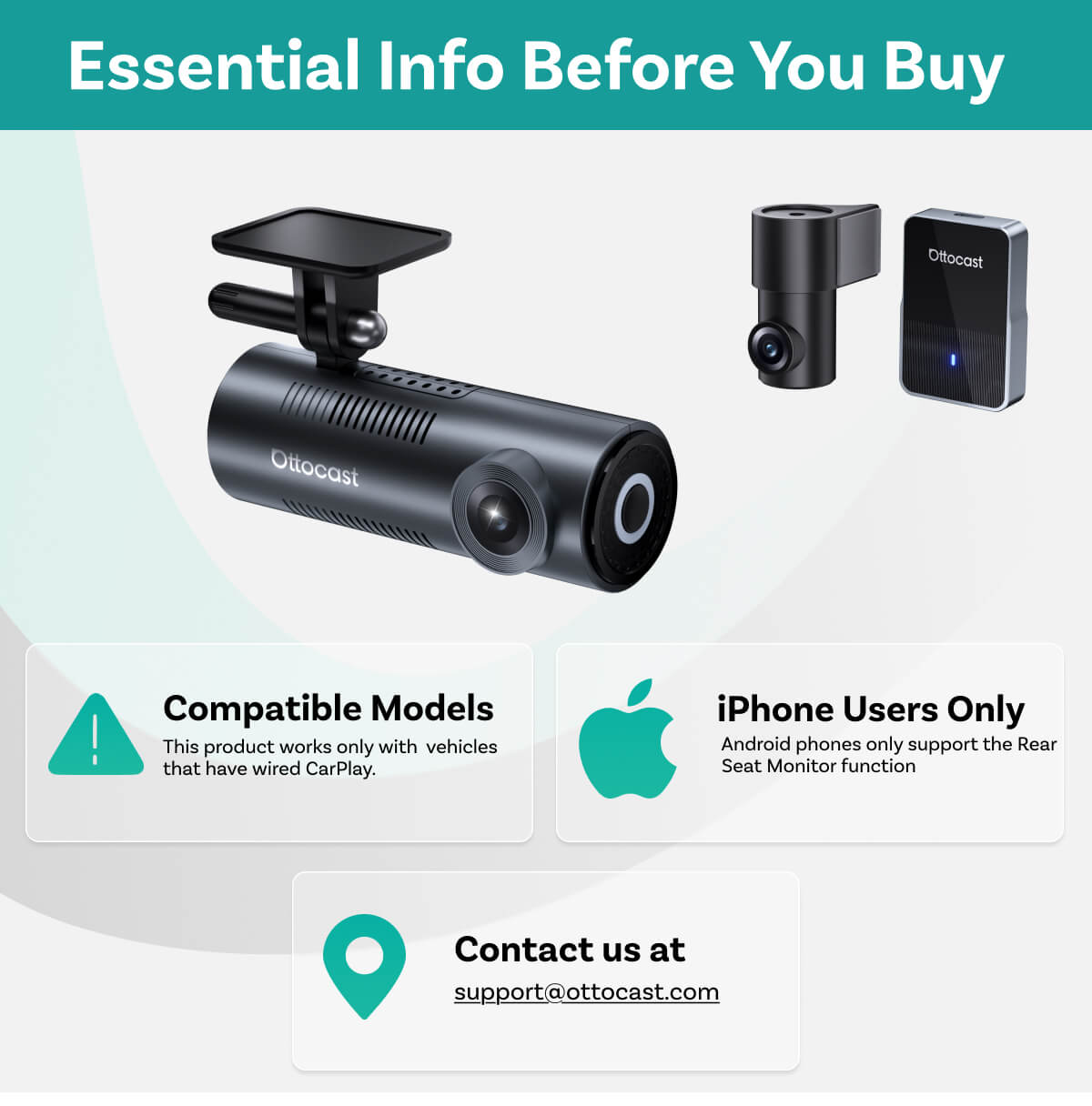 „OttoSafe Cam 3-in-1“ dviguba vaizdo registratorius ir belaidis „CarPlay“ adapteris-LT