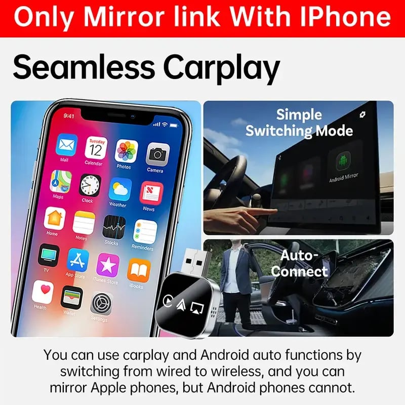 📶 2026 Nadogradnja 3 u 1 Screen Mirror iOS telefona, žičani na bežični Carplay adapter-HR