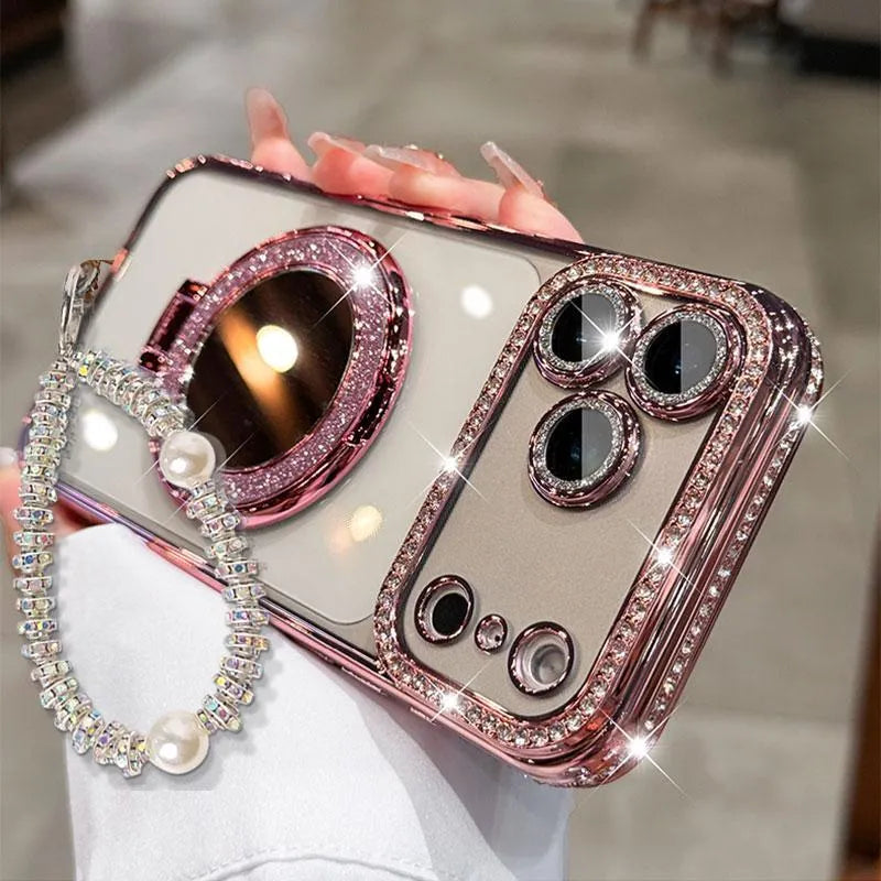 ✨💎Žėrintis deimantinis moteriškas telefono dėklas su veidrodėliu ir stovu, skirtas iPhone 12/13/14/15/16/17 Pro Max, 17Air, 14/15/16 Plus💖-LT