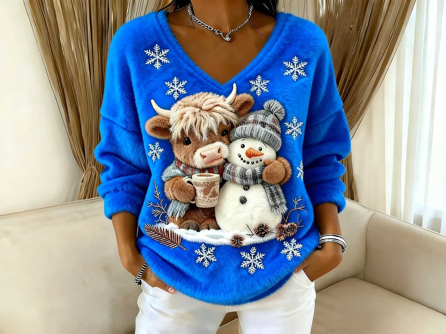 🔥Último día con 49% de descuento🔥Blusa de mujer con cuello en V y estampado de vaca Yeti escocesa-ES
