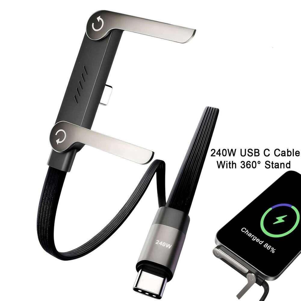 📱 240 W pintas greito įkrovimo laidas su įmontuotu telefono laikikliu – naujas 2026 m. sulankstomas patvarus USB-C tipo C laidas (2 vnt. pakuotėje)-LT