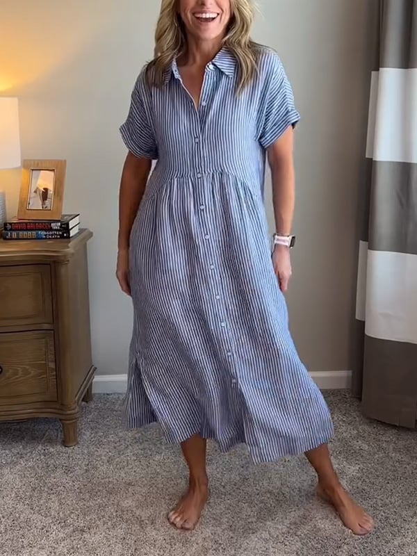 Vestido camisero de rayas con solapas y botones | Con bolsillos funcionales-ES