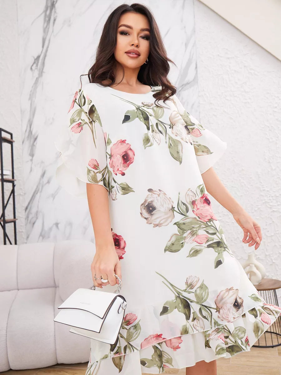 ❀Elegante vestido de gasa de media manga para mujer con estampado-ES