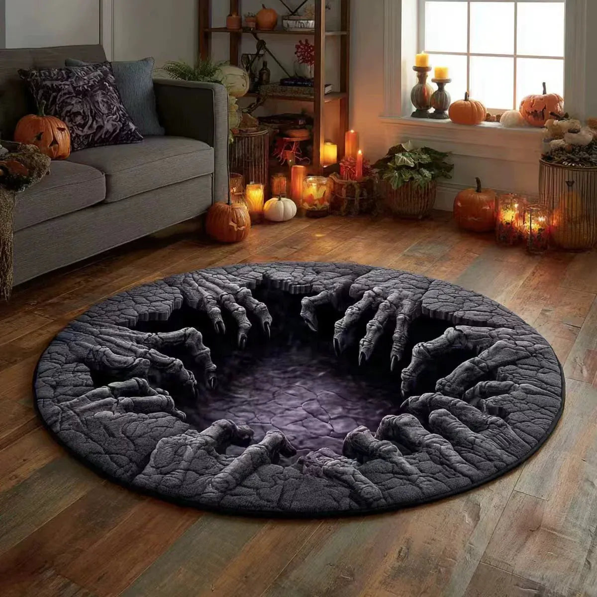 🔥Zadnja razprodaja🎃Prešita okrogla preproga za noč čarovnic s 3D okostjem in vrtincem-SI
