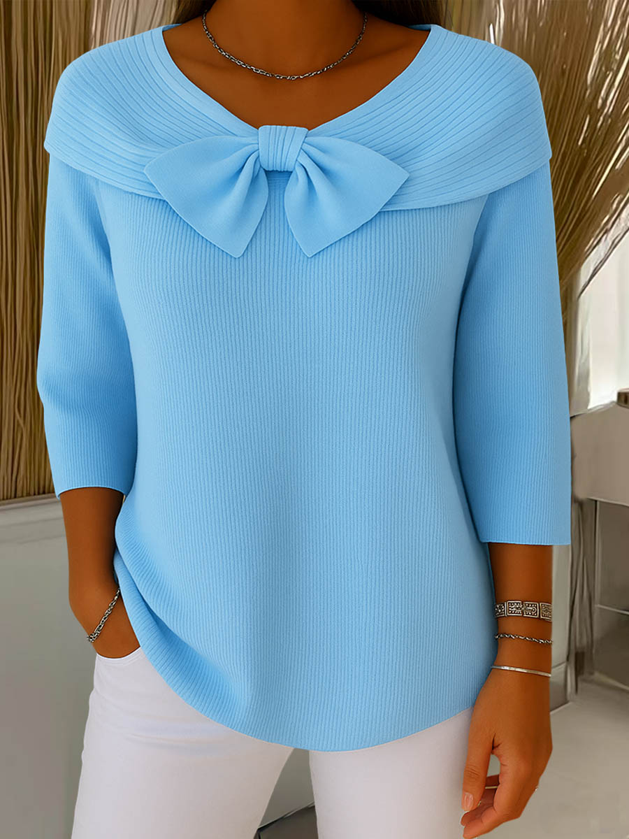 Suéter de punto de color liso para mujer, con cuello redondo y mangas tres cuartos, con lazo, ideal para uso diario.-ES