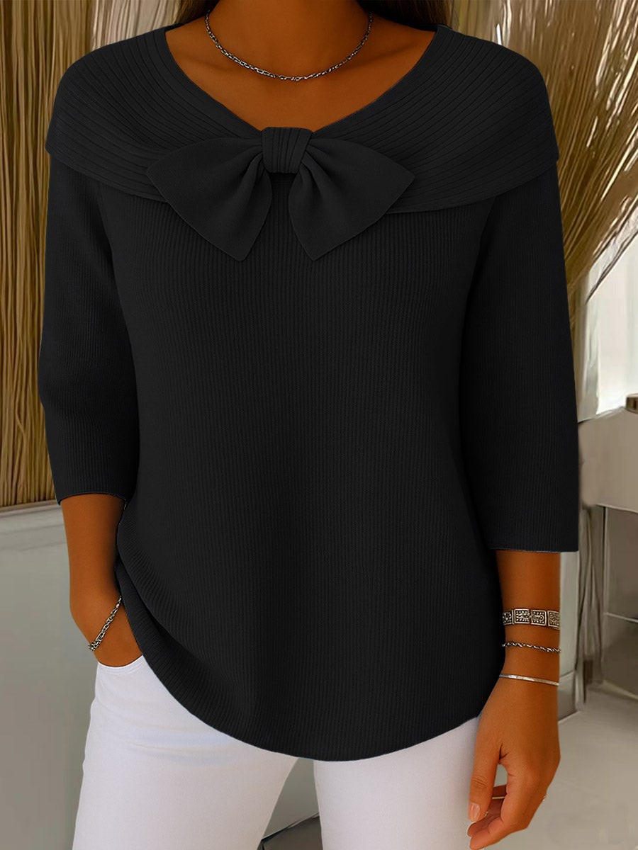 Suéter de punto de color liso para mujer, con cuello redondo y mangas tres cuartos, con lazo, ideal para uso diario.-ES