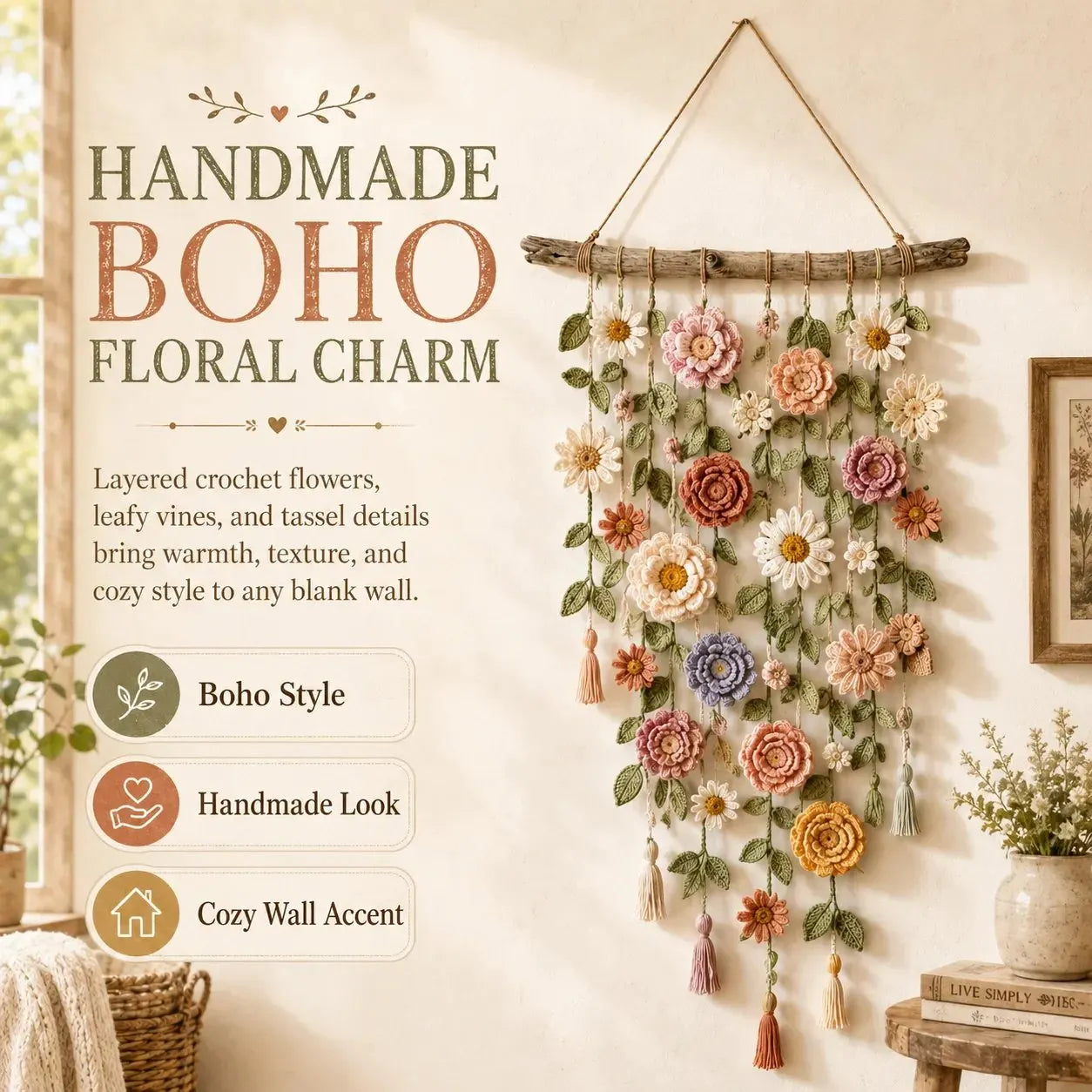🌸Boho kvačkana stenska dekoracija s cvetjem-SI