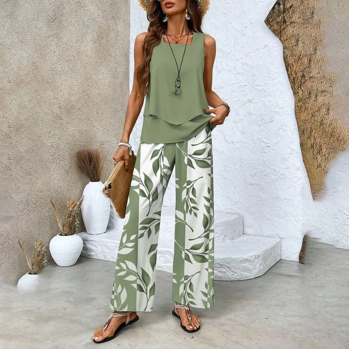🌺Pantalón de 2 piezas sin mangas y estampado para mujer-ES