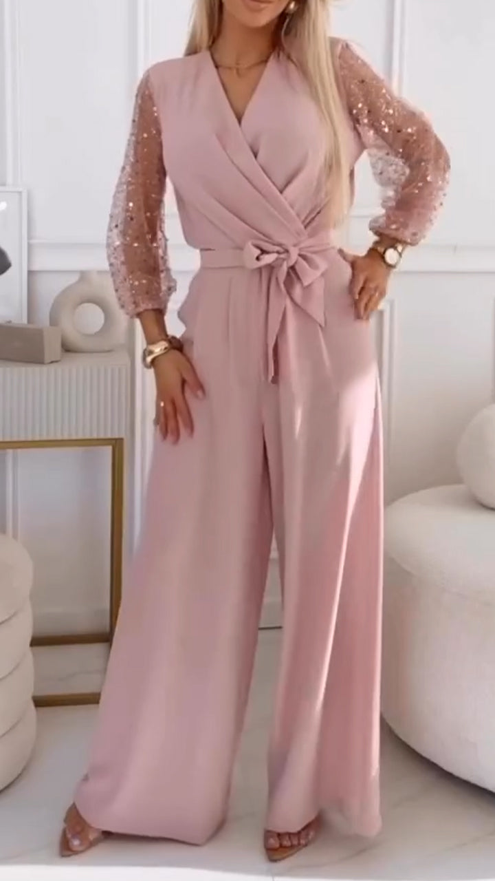 👑Traje casual de mujer con mangas abullonadas y escote en pico, decorado con lentejuelas.-ES