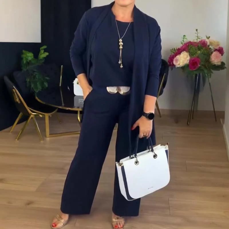 ⏳Specialus riboto laiko pasiūlymas⏰Elegantiškas trijų dalių komplektas, kurį sudaro ilgas megztinis, palaidinė ir kelnės💞-LT