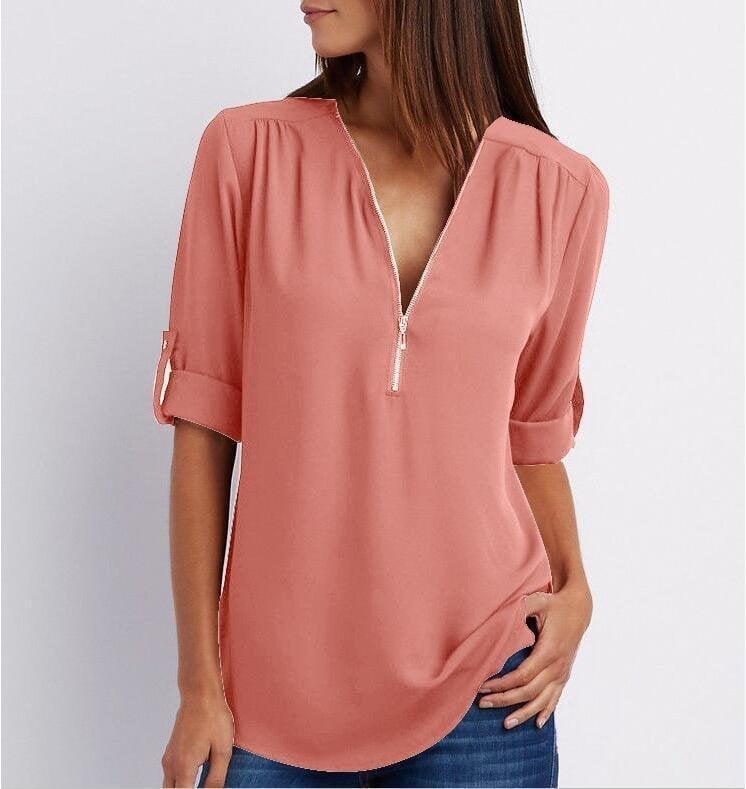 💟Blusa holgada de talla grande con mangas 3/4 y cremallera-ES