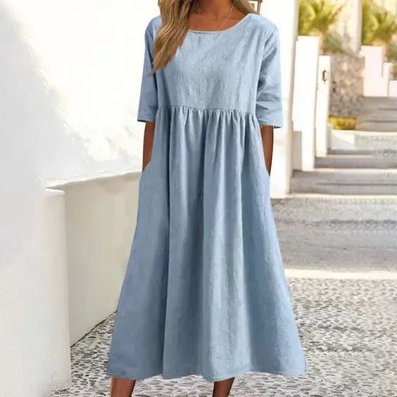 🔥Vestido de algodón con escote redondo y bolsillos-ES