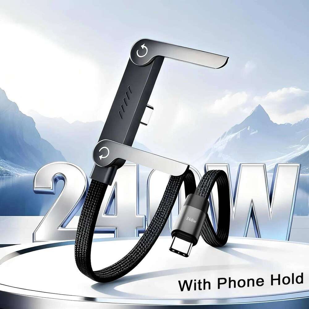 📱 240 W pintas greito įkrovimo laidas su įmontuotu telefono laikikliu – naujas 2026 m. sulankstomas patvarus USB-C tipo C laidas (2 vnt. pakuotėje)-LT