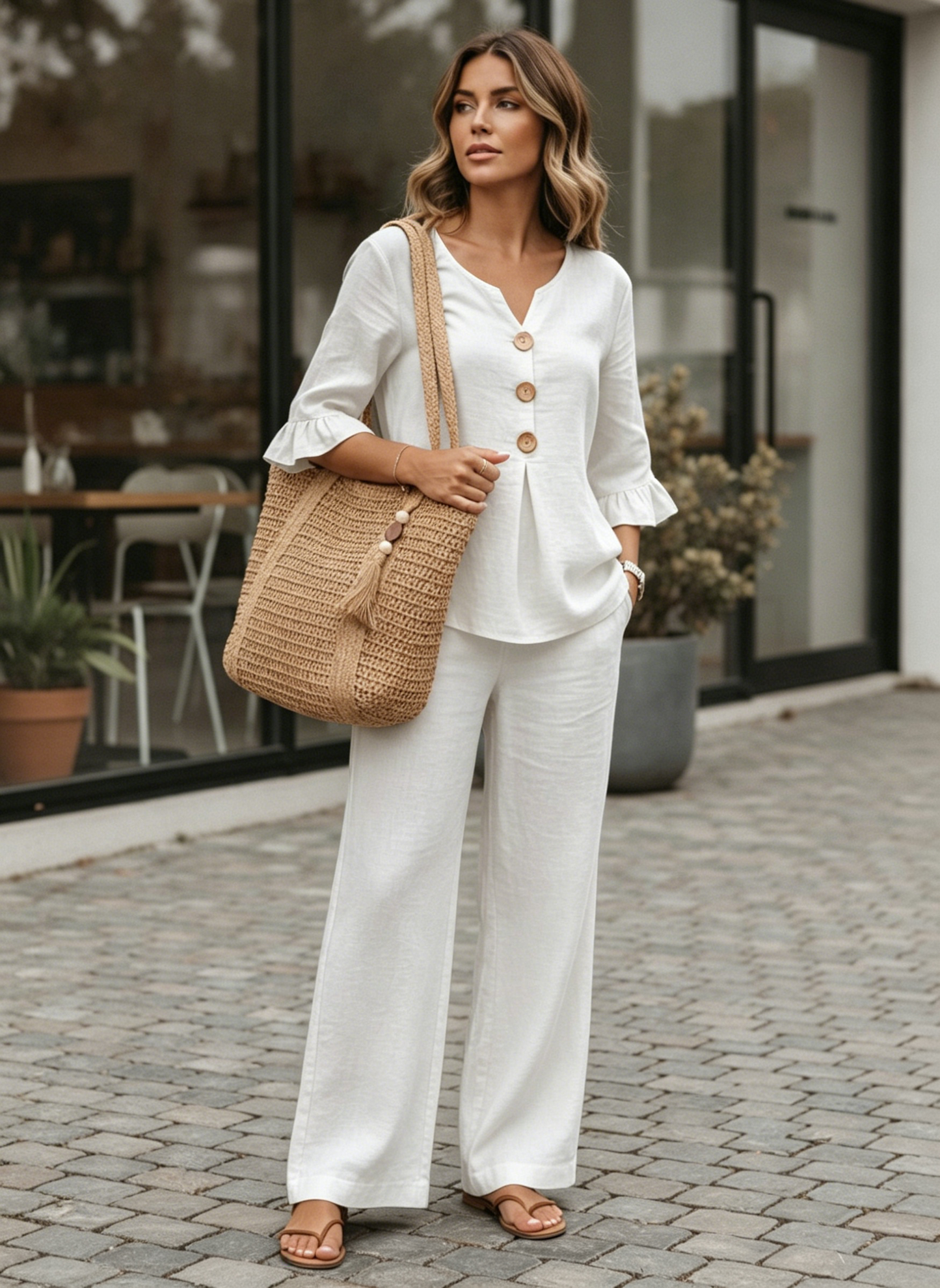 🔥S-2XL⌛️Ženski komplet: bluza z napihnjenimi rokavi in široke hlače❤️-SI