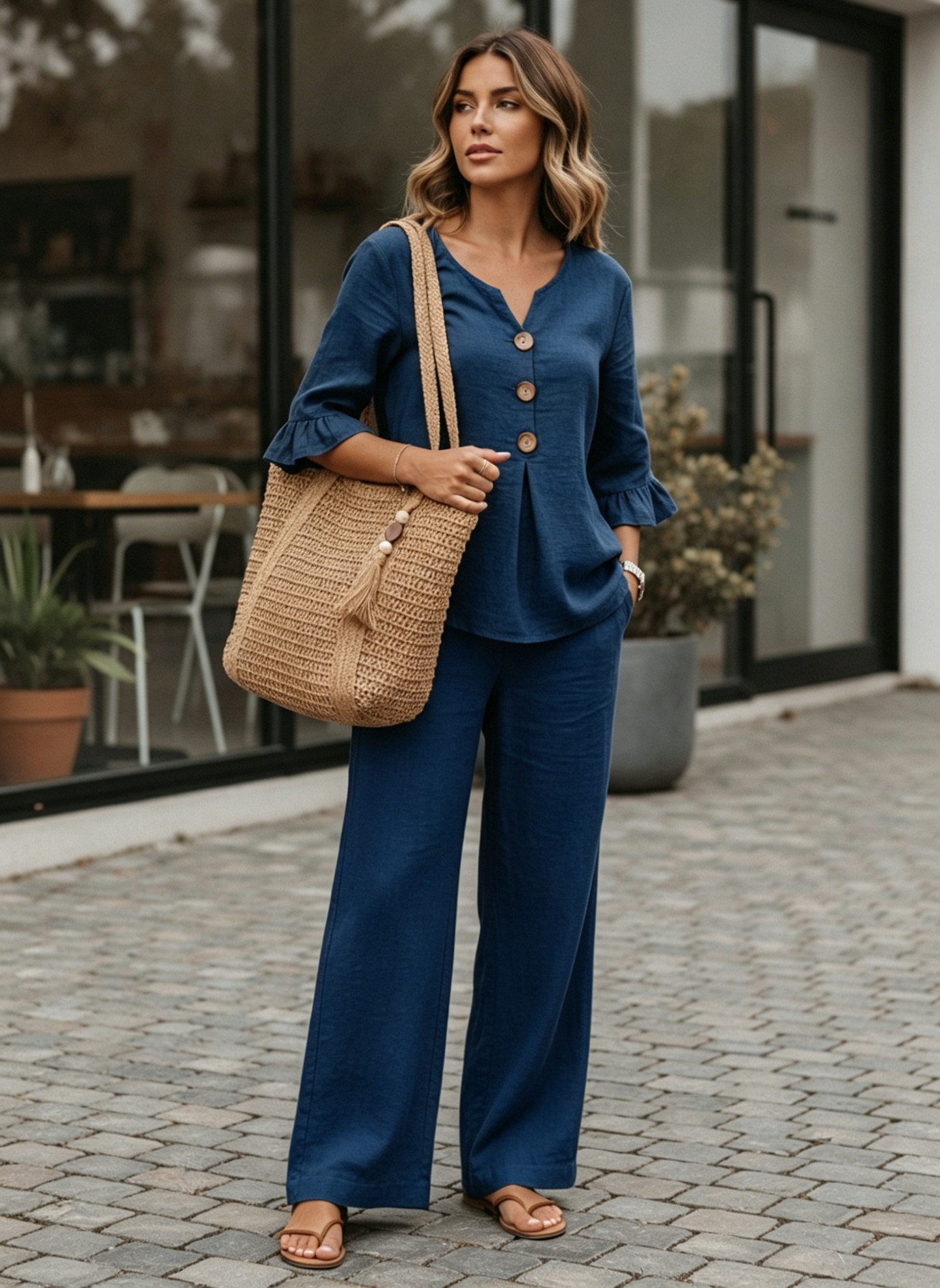 🔥S-2XL⌛️Ženski komplet: bluza z napihnjenimi rokavi in široke hlače❤️-SI