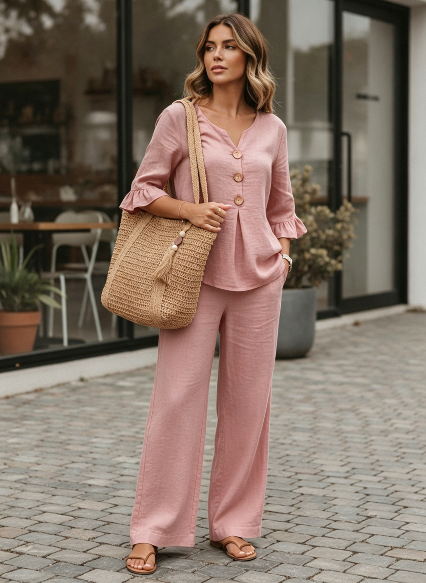 🔥S-2XL⌛️Ženski komplet: bluza z napihnjenimi rokavi in široke hlače❤️-SI
