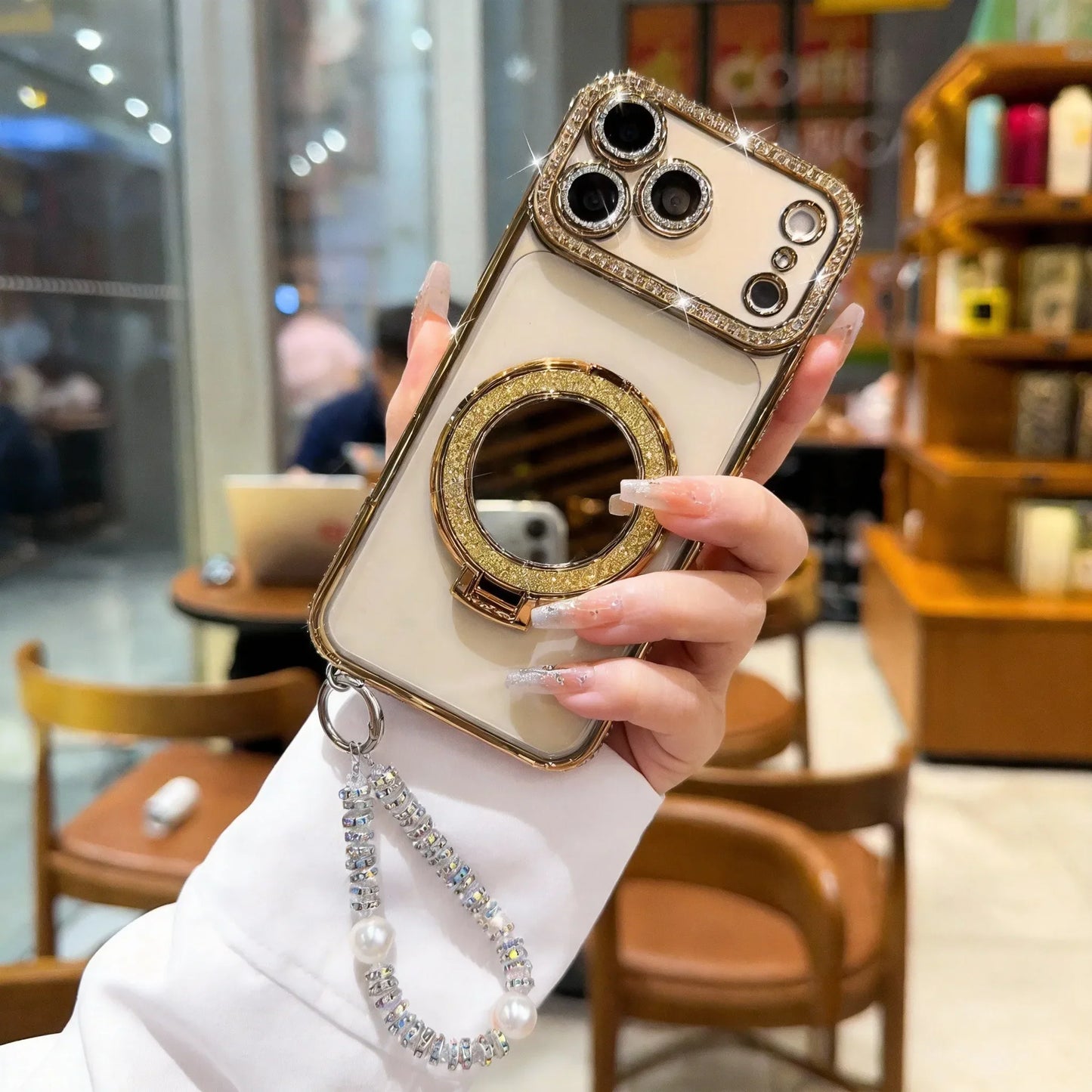 ✨💎Žėrintis deimantinis moteriškas telefono dėklas su veidrodėliu ir stovu, skirtas iPhone 12/13/14/15/16/17 Pro Max, 17Air, 14/15/16 Plus💖-LT