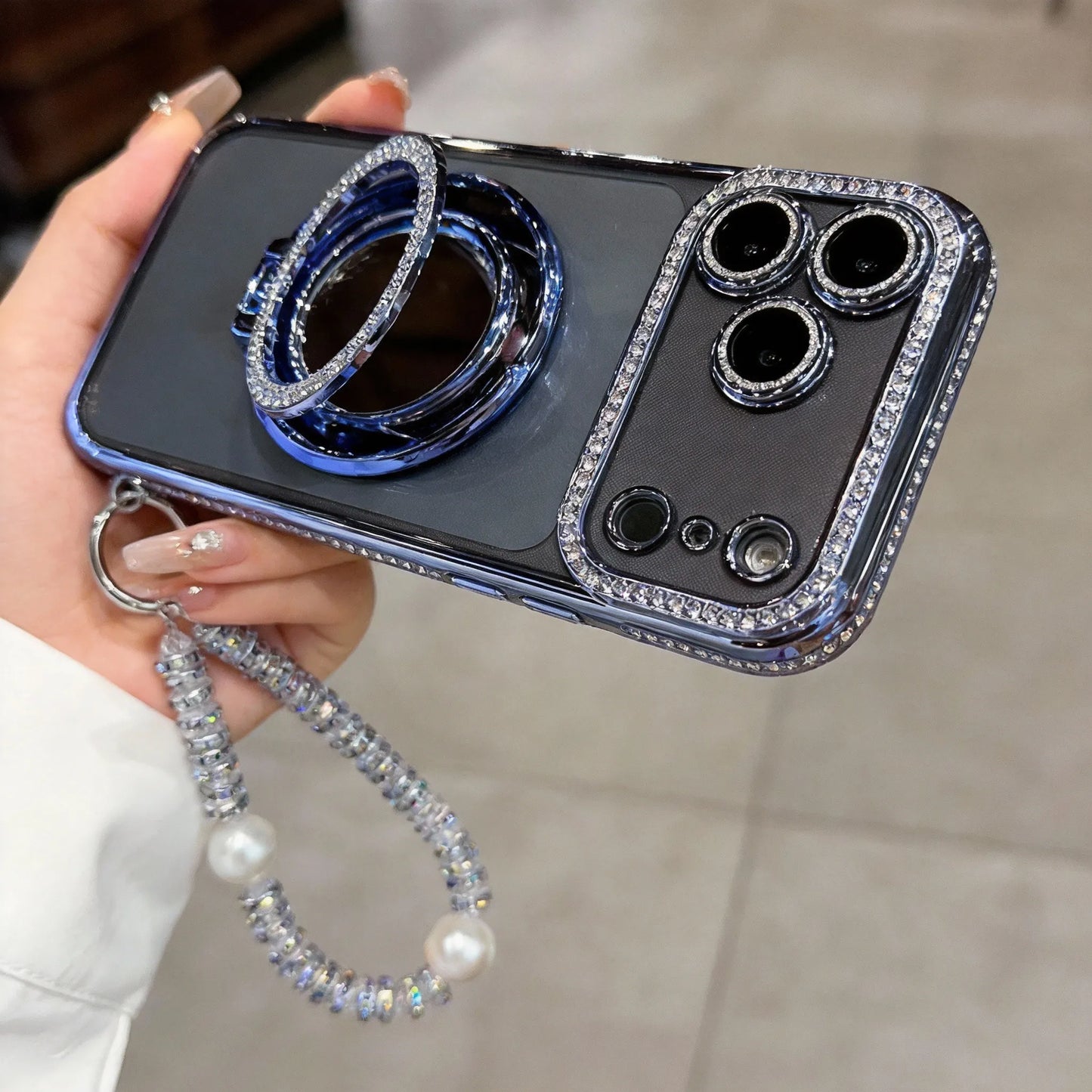 ✨💎Žėrintis deimantinis moteriškas telefono dėklas su veidrodėliu ir stovu, skirtas iPhone 12/13/14/15/16/17 Pro Max, 17Air, 14/15/16 Plus💖-LT